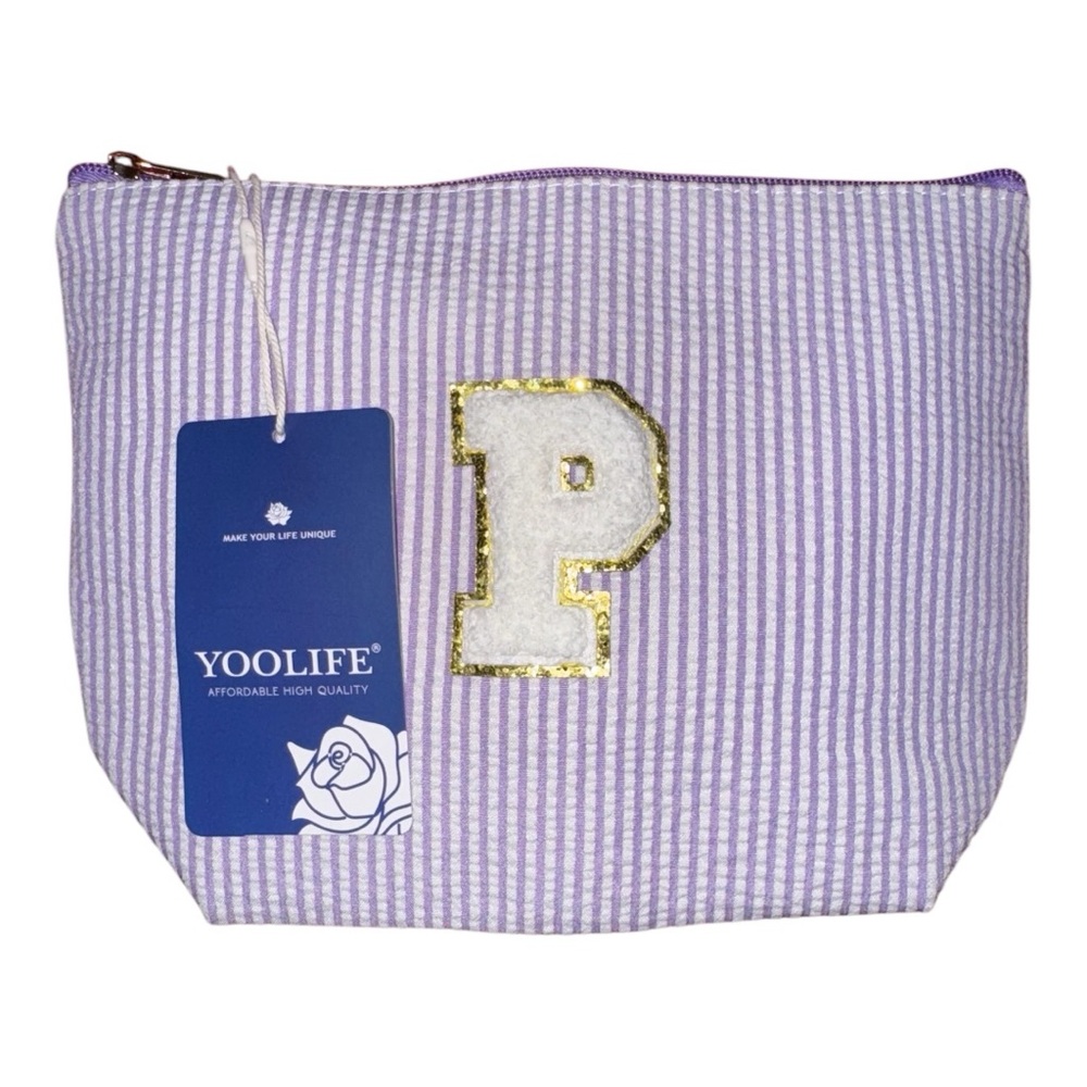 Letter “P” Cosmetic Catchall Pouch - Set (2 Bags) Lavender Stripe